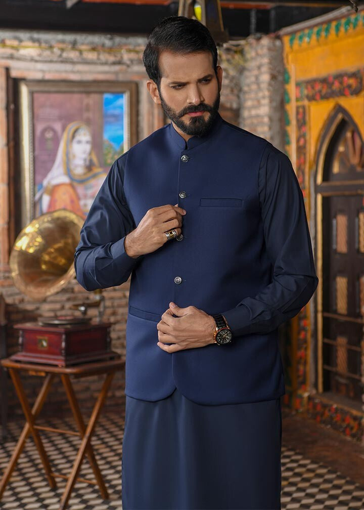 Navy Blue Blended Kurta Trouser with TR Waistcoat (3-Piece) - Image 2