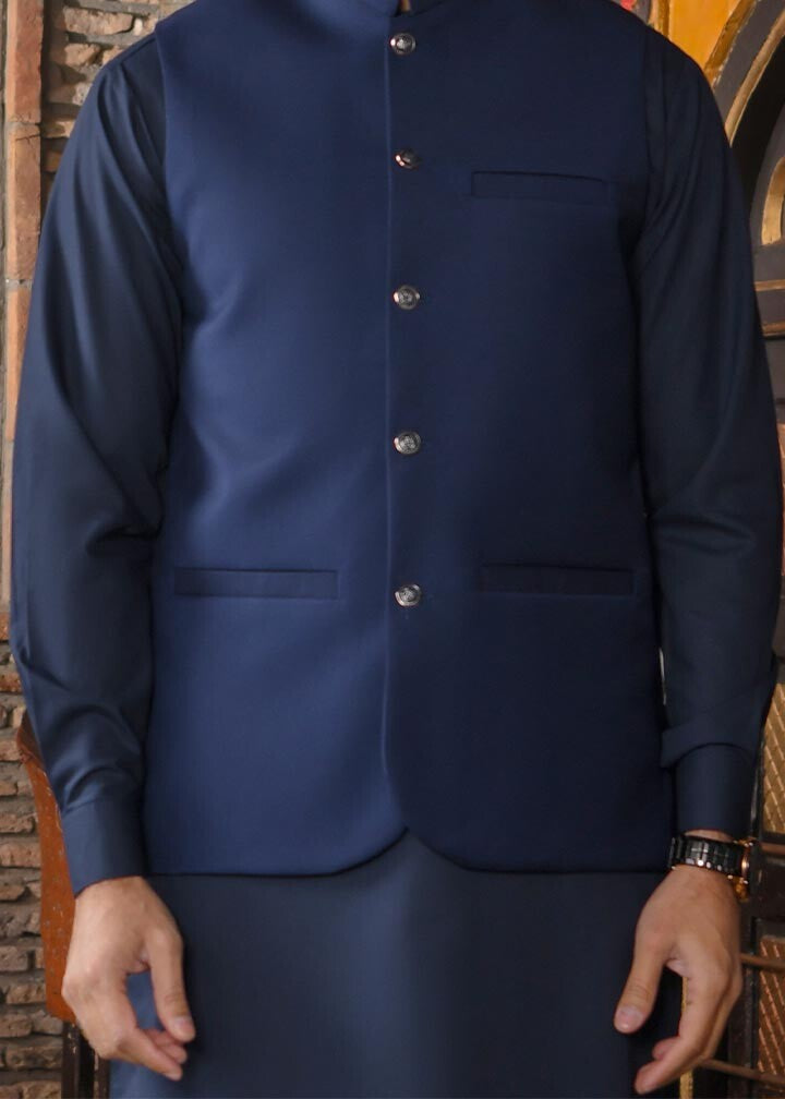 Navy Blue Blended Kurta Trouser with TR Waistcoat (3-Piece) - Image 3