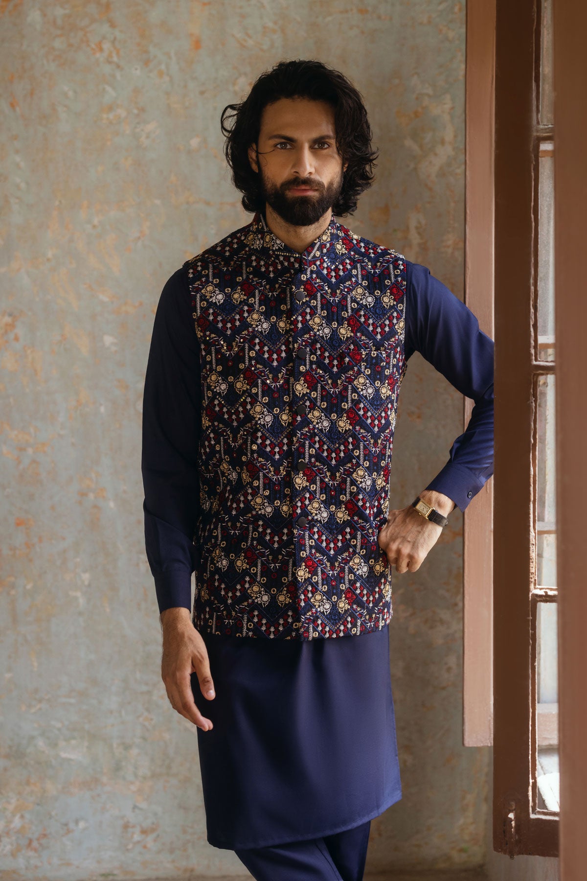 Navy Maroon Embroidered Waistcoat Kurta Set (3-Piece) - Image 2