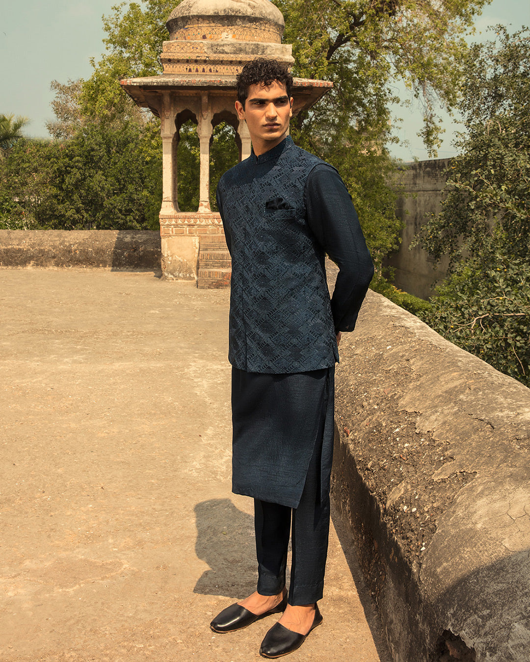 Navy Blue Embroidered Karandi Waistcoat Kurta (3-Piece) - Image 1
