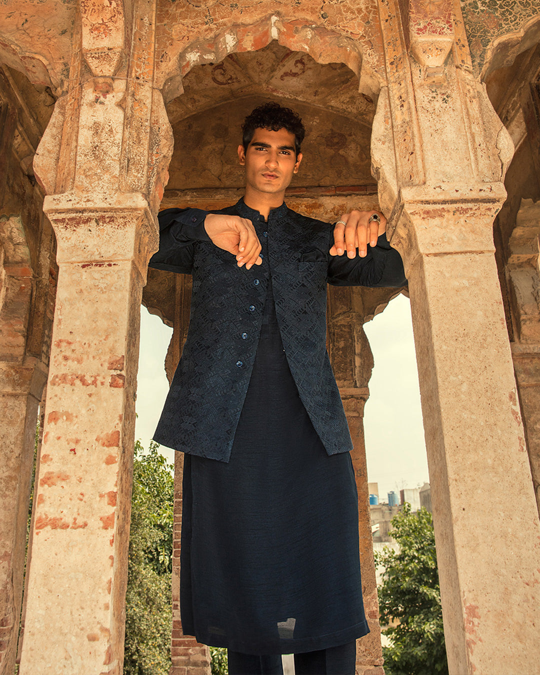 Navy Blue Embroidered Karandi Waistcoat Kurta (3-Piece) - Image 2