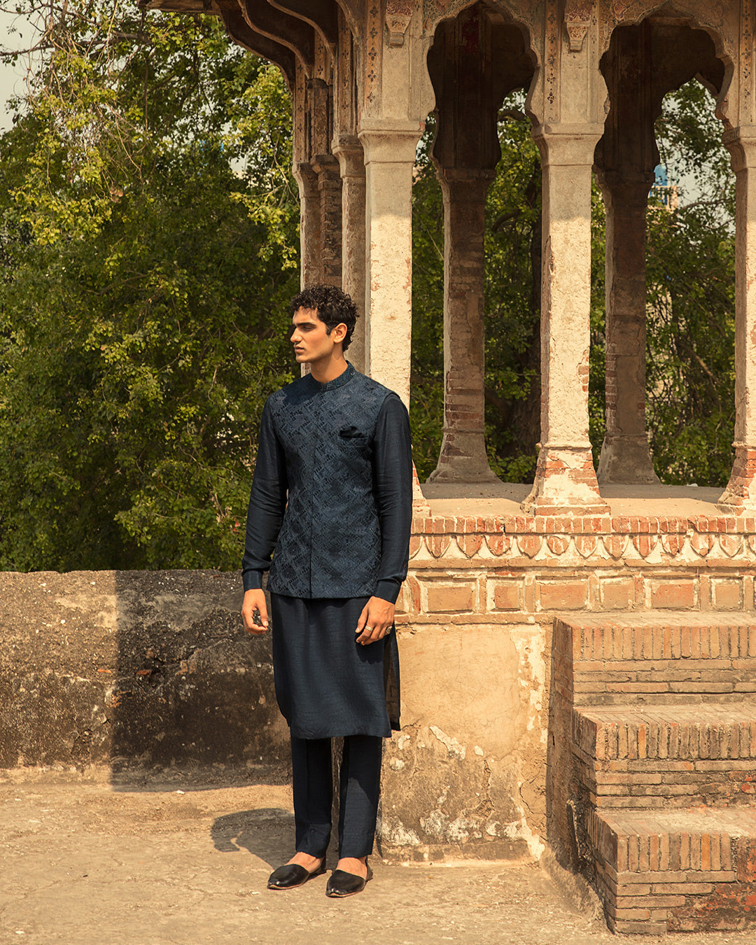 Navy Blue Embroidered Karandi Waistcoat Kurta (3-Piece) - Image 3