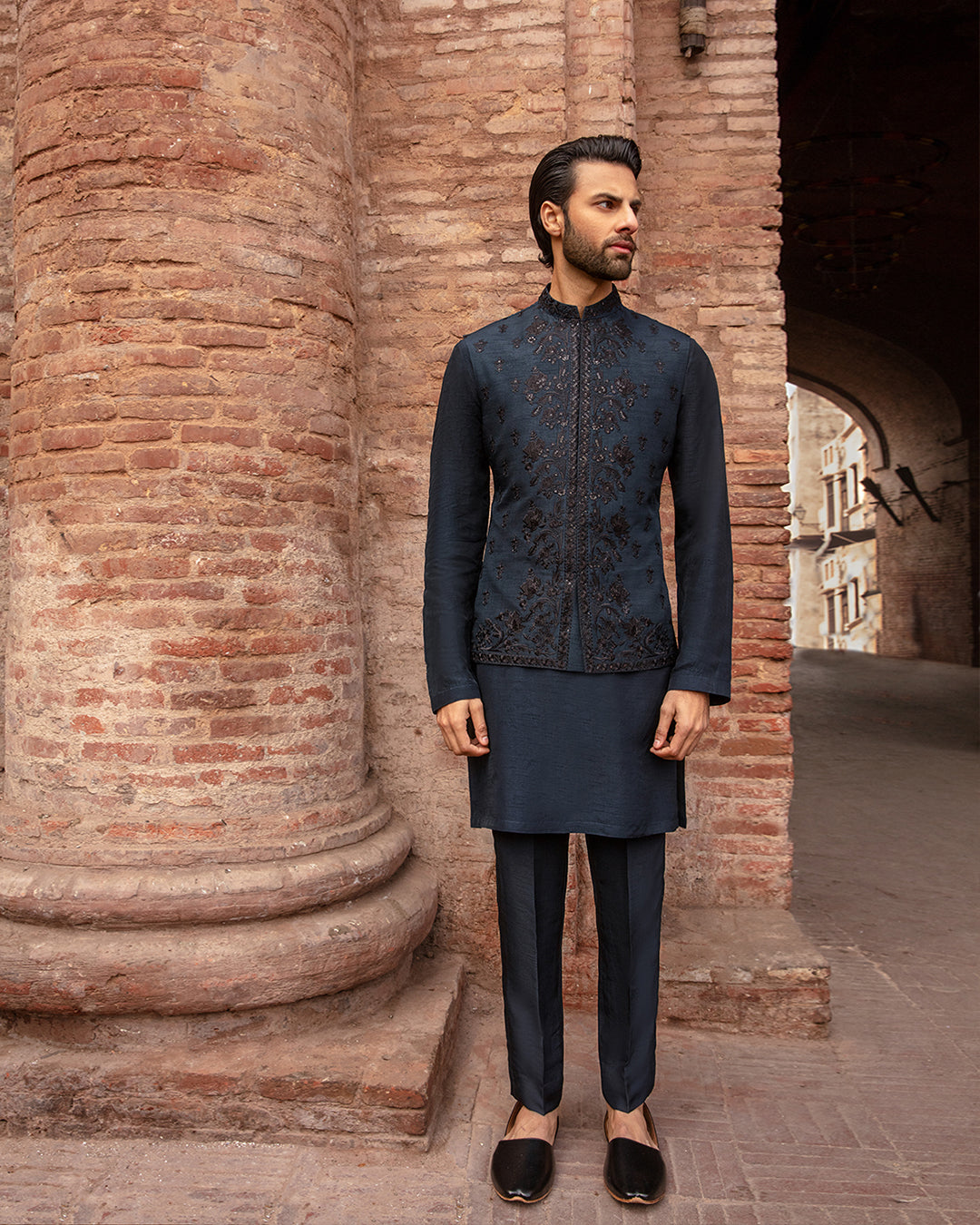 Navy Blue Embroidered Korean Raw Silk Waistcoat Kurta (3-Piece) - Image 1