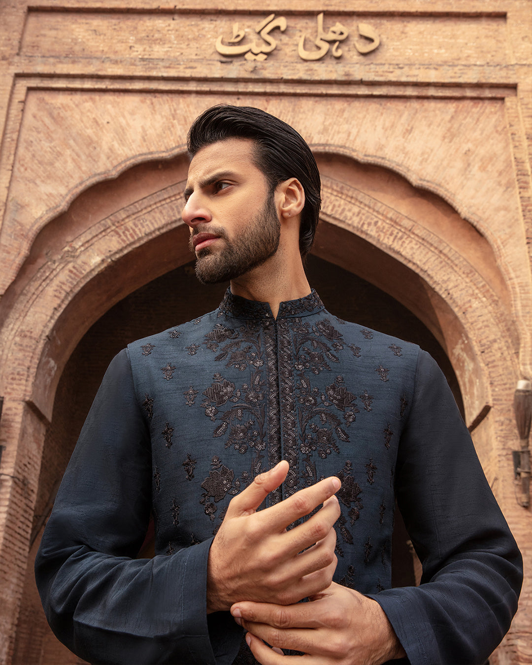 Navy Blue Embroidered Korean Raw Silk Waistcoat Kurta (3-Piece) - Image 2