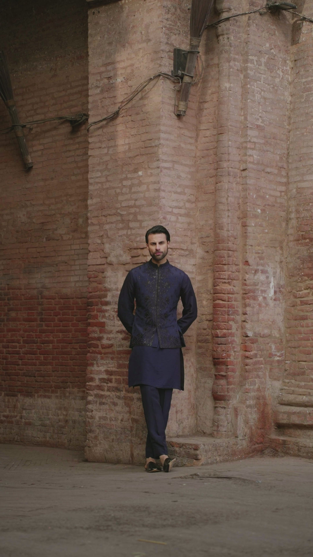 Navy Blue Embroidered Korean Raw Silk Waistcoat Kurta (3-Piece) - Image 3