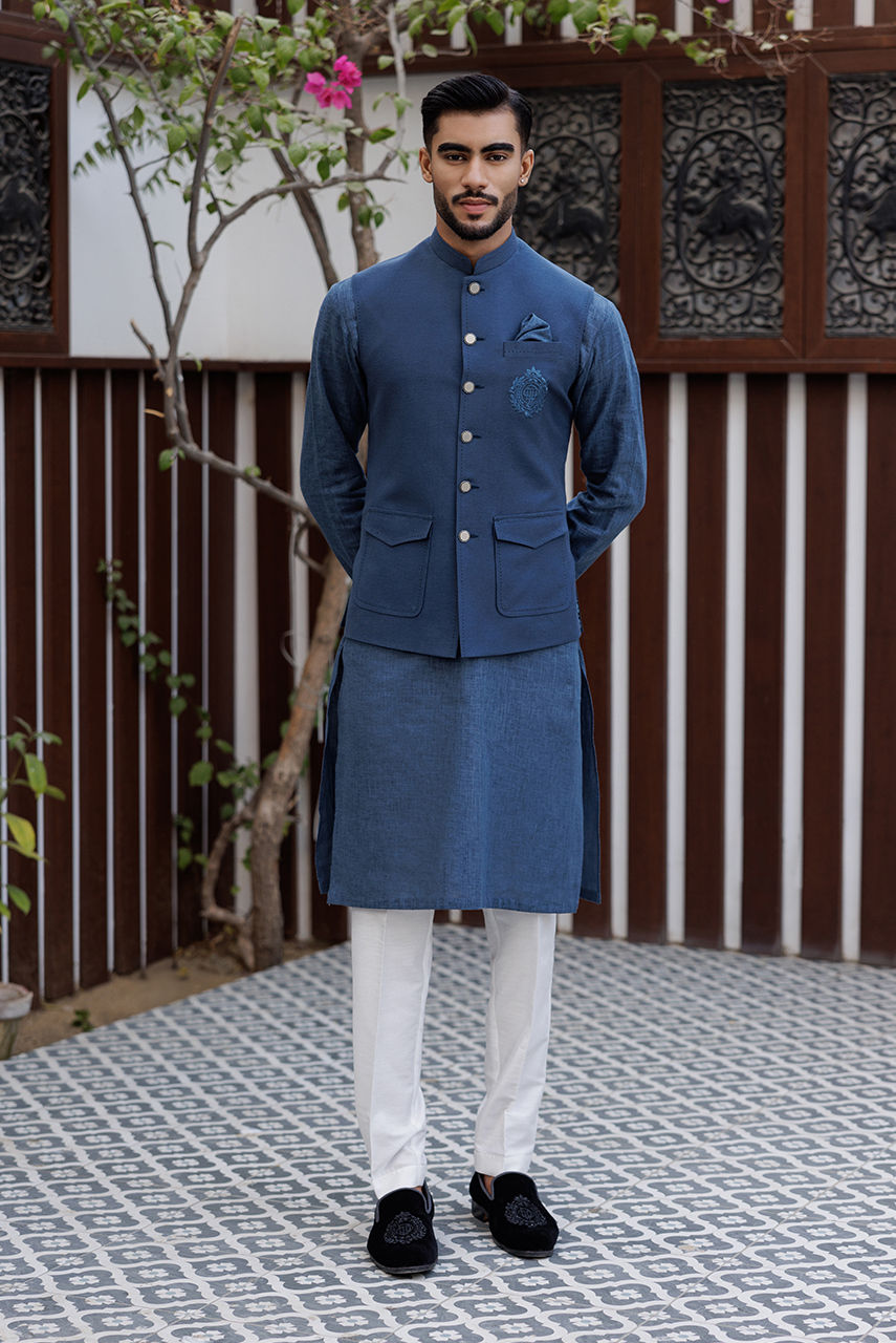Navy Blue Embroidered Linen Waistcoat Kurta Set (3-Piece) - Image 1