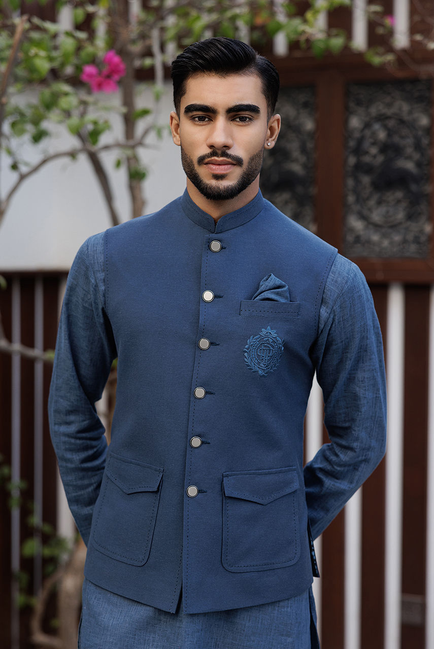 Navy Blue Embroidered Linen Waistcoat Kurta Set (3-Piece) - Image 2