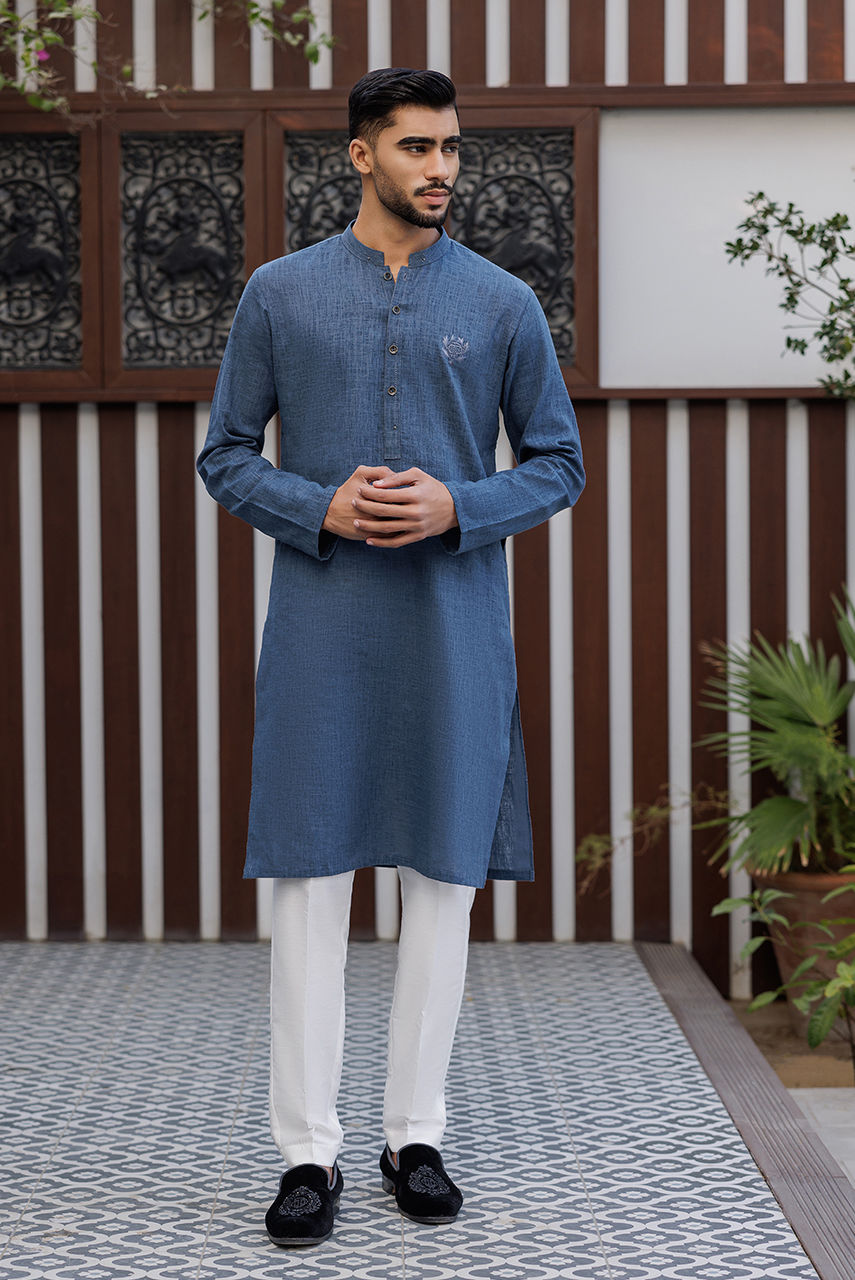 Navy Blue Embroidered Linen Waistcoat Kurta Set (3-Piece) - Image 3
