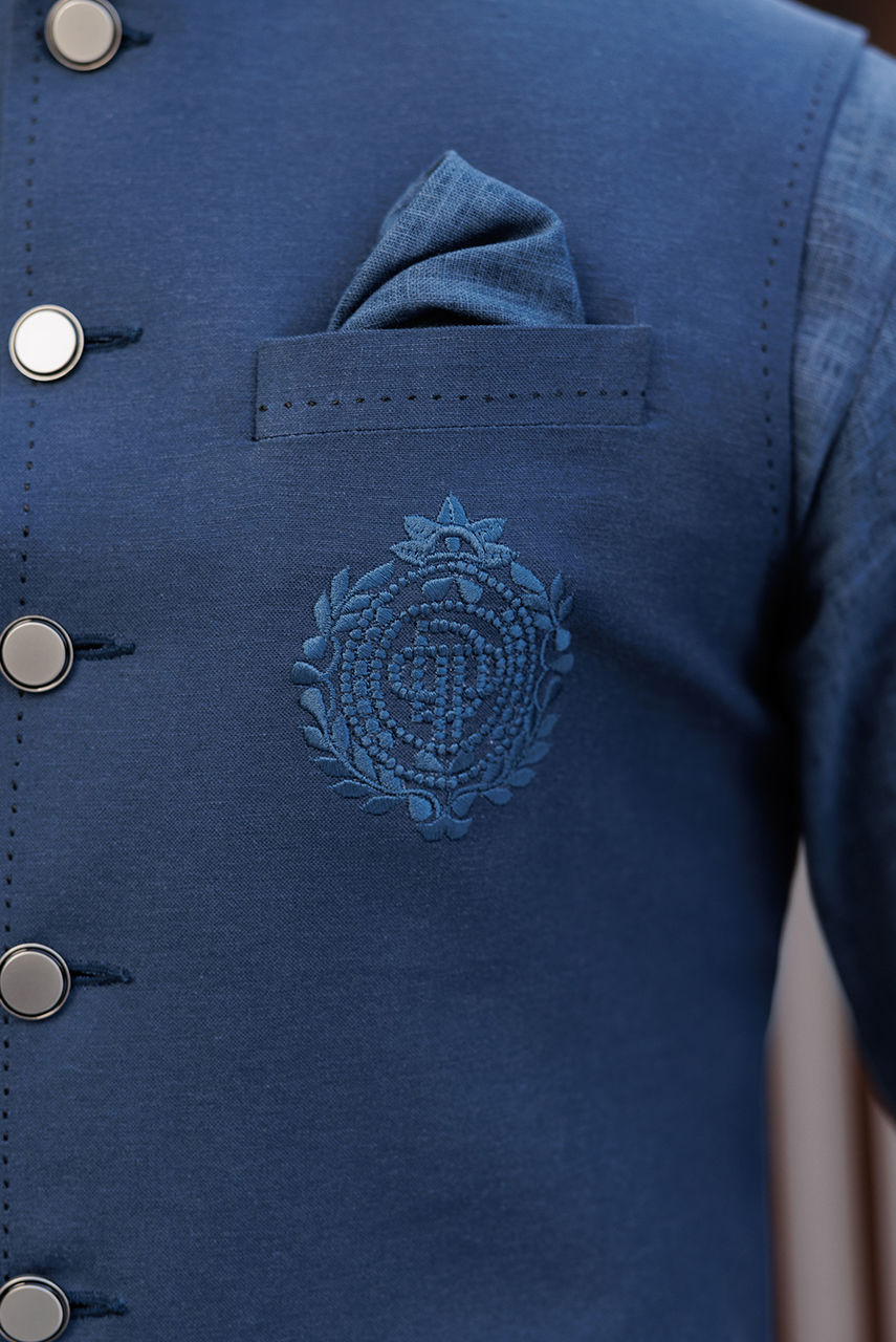 Navy Blue Embroidered Linen Waistcoat Kurta Set (3-Piece) - Image 5