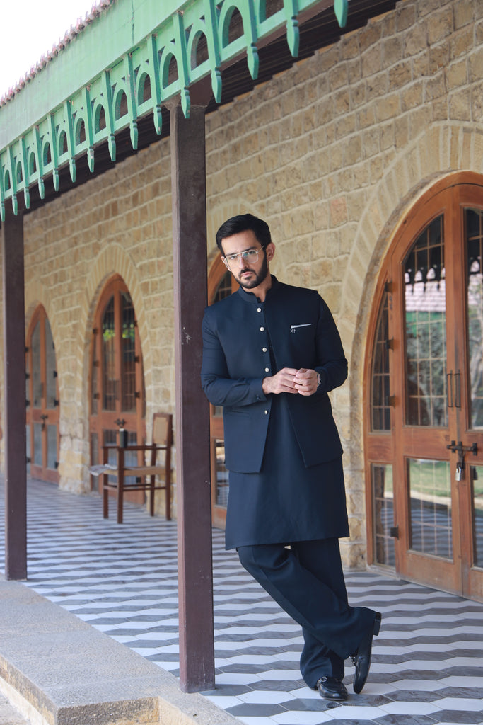 Navy Blue Embroidered Linen Waistcoat Kurta (3-Piece) - Image 1