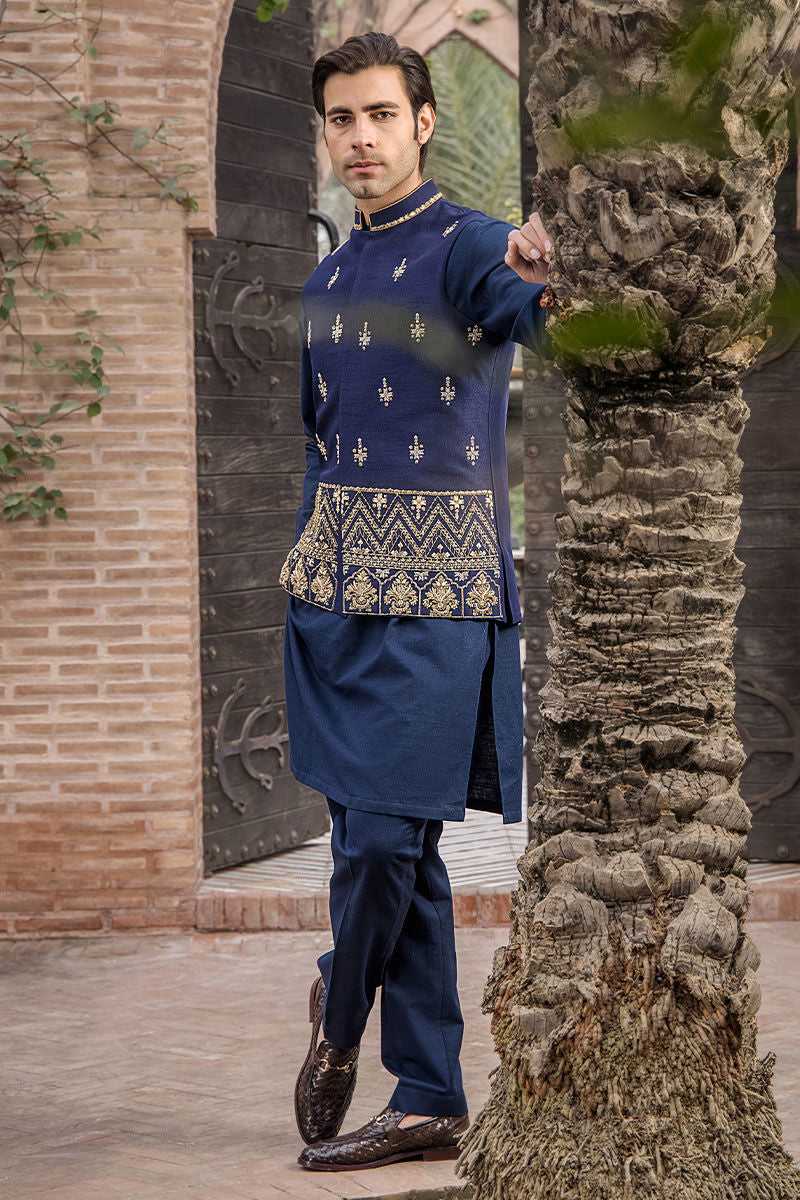 Navy Blue Hand-Embellished Raw Silk Waistcoat Kurta (3-Piece) - Image 1