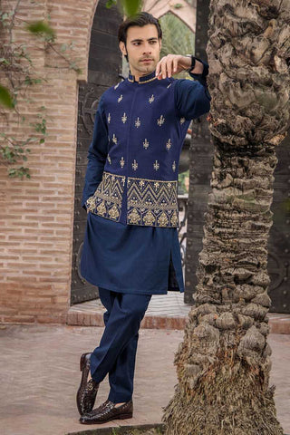 Navy Blue Hand-Embellished Raw Silk Waistcoat Kurta (3-Piece) - Image 3