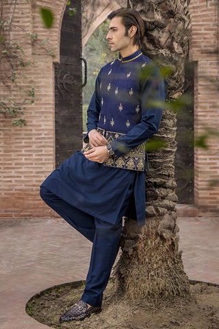 Navy Blue Hand-Embellished Raw Silk Waistcoat Kurta (3-Piece) - Image 4
