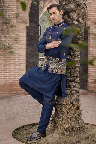 Navy Blue Hand-Embellished Raw Silk Waistcoat Kurta (3-Piece) - Image 5