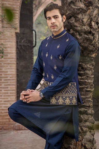 Navy Blue Hand-Embellished Raw Silk Waistcoat Kurta (3-Piece) - Image 6
