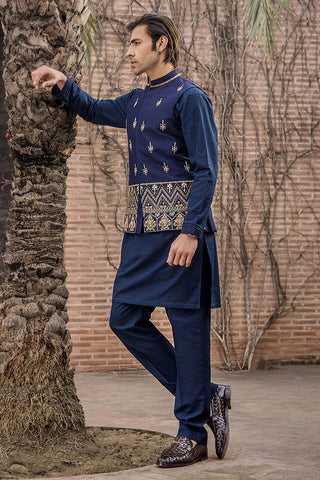 Navy Blue Hand-Embellished Raw Silk Waistcoat Kurta (3-Piece) - Image 8