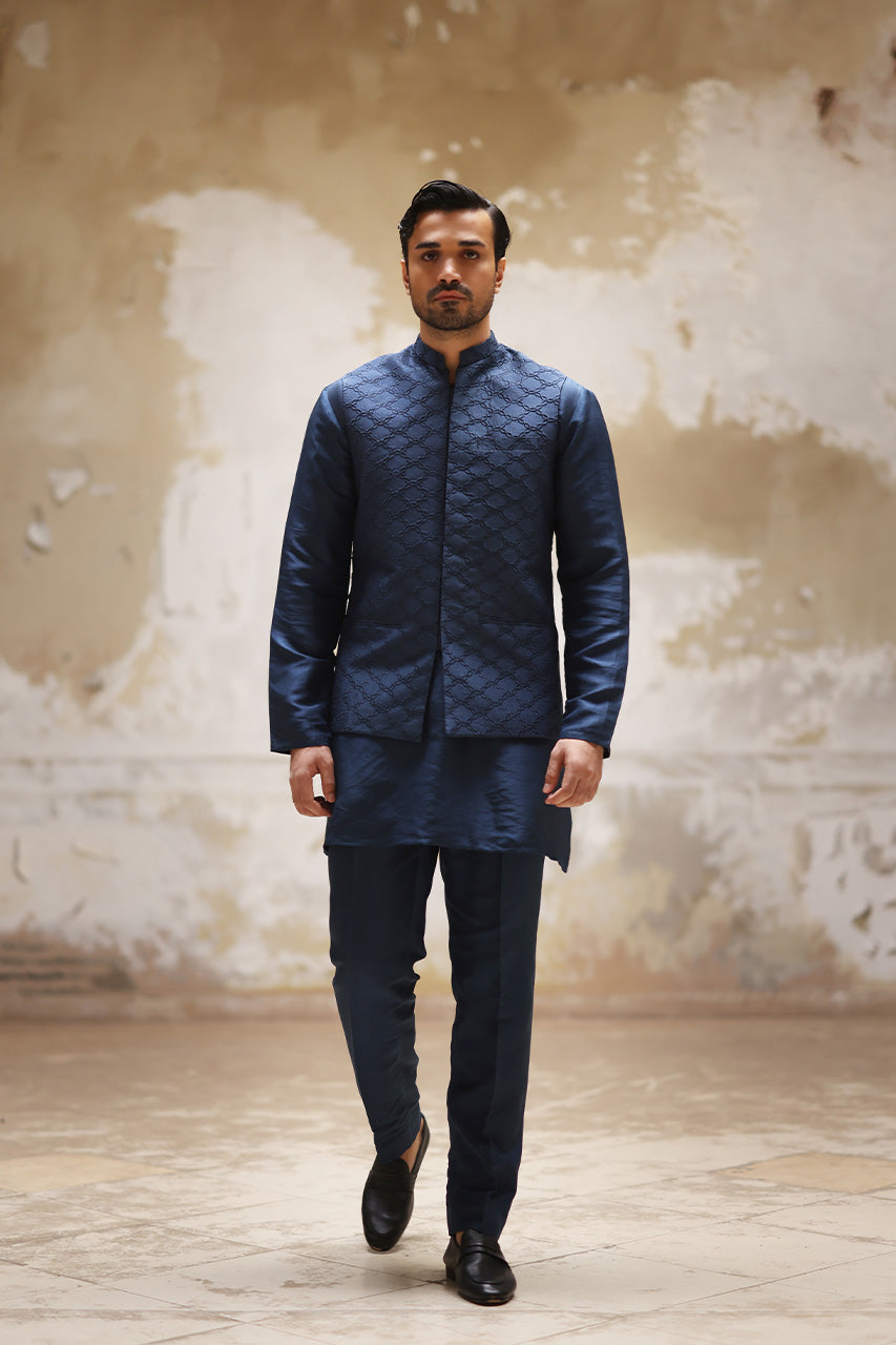Navy Embroidered Raw Silk Waistcoat Kurta (3-Piece) - Image 1