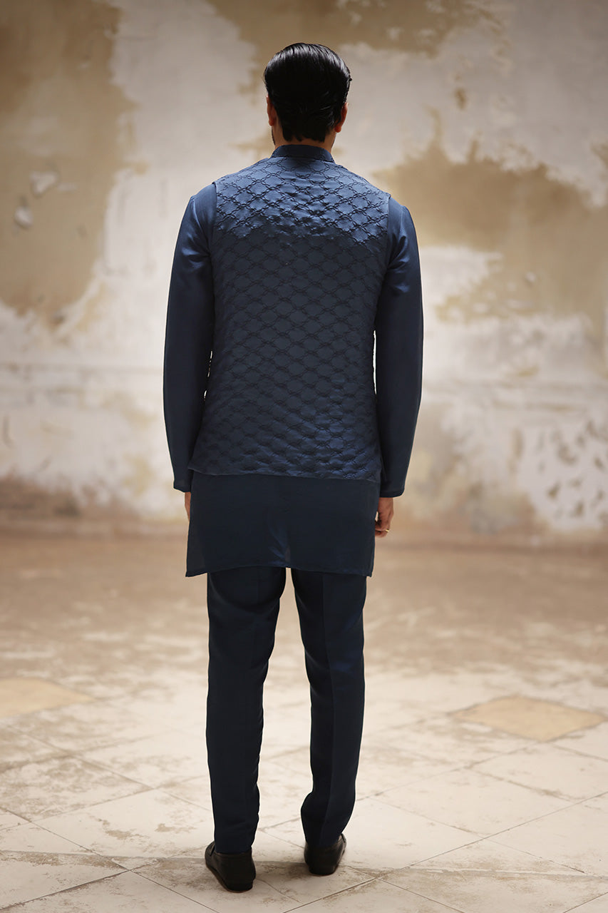 Navy Embroidered Raw Silk Waistcoat Kurta (3-Piece) - Image 2