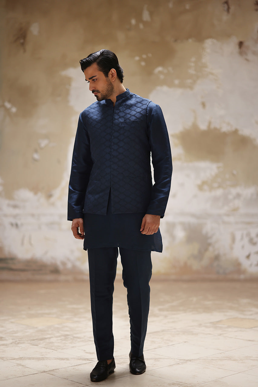 Navy Embroidered Raw Silk Waistcoat Kurta (3-Piece) - Image 3