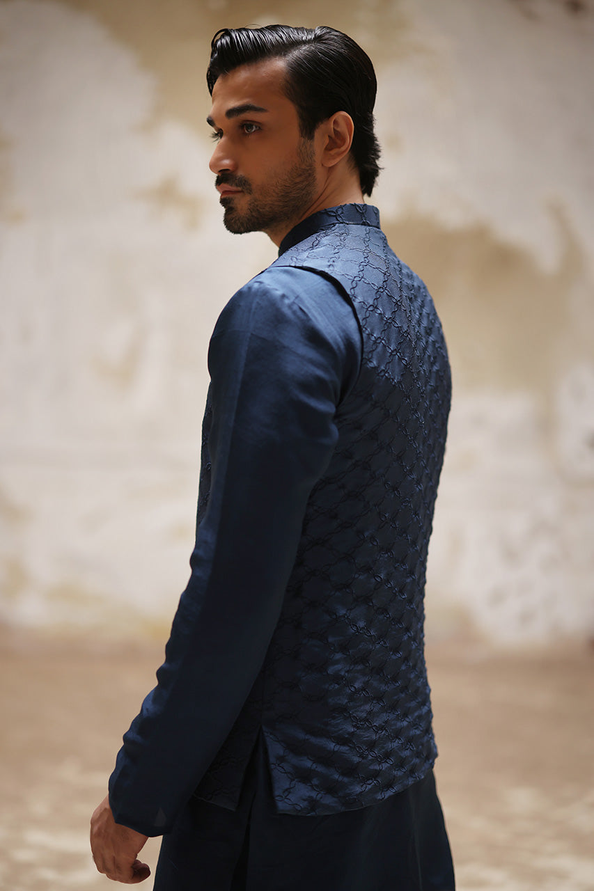 Navy Embroidered Raw Silk Waistcoat Kurta (3-Piece) - Image 5
