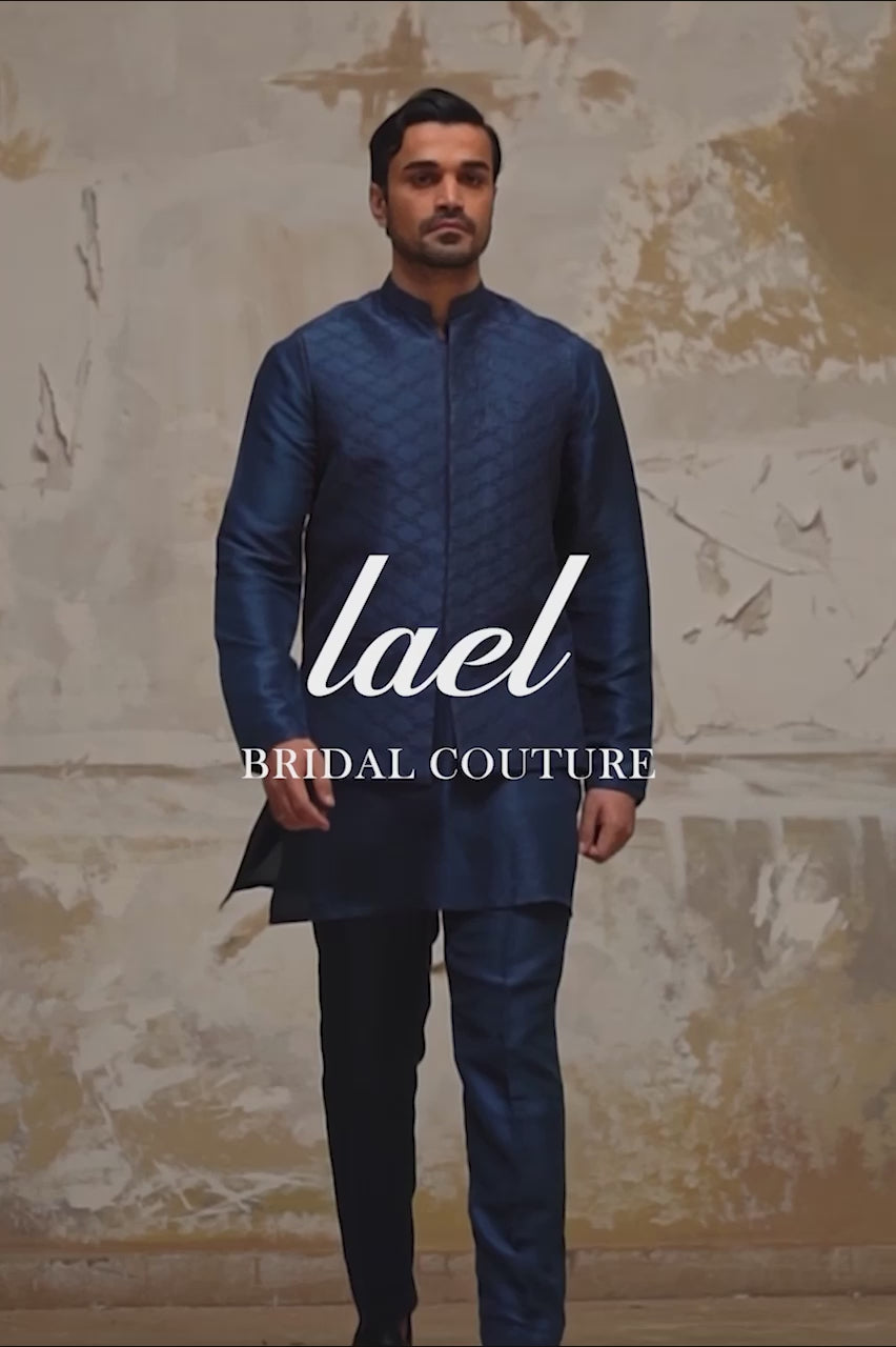 Navy Embroidered Raw Silk Waistcoat Kurta (3-Piece) - Image 6