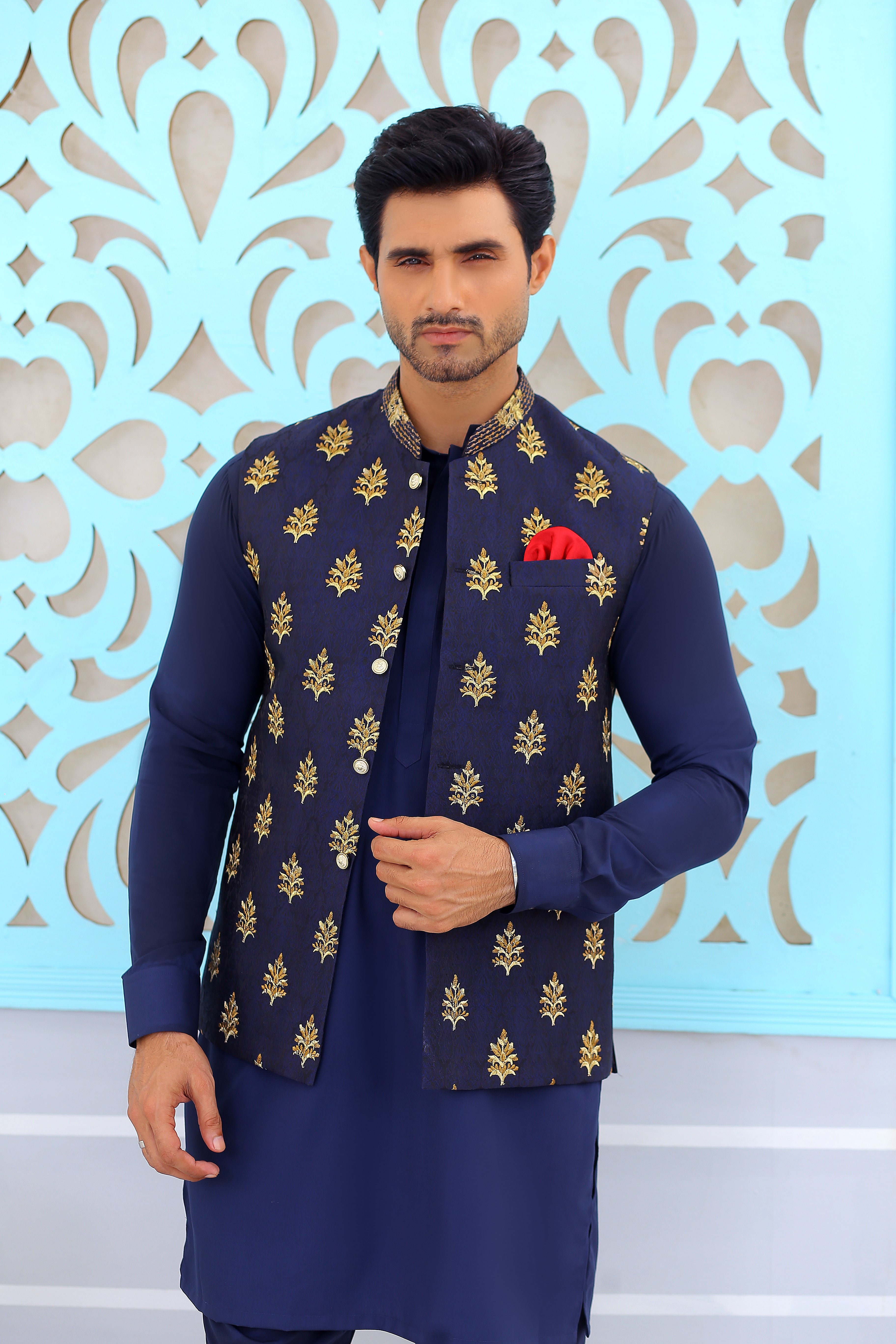 Navy Blue Embroidered Silk-Blend Waistcoat Kurta (3-Piece) - Image 2