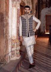 Navy Blue Embroidered Silk-Blend Waistcoat Kurta (3-Piece) - Image 2