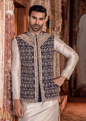 Navy Blue Embroidered Silk-Blend Waistcoat Kurta (3-Piece) - Image 3