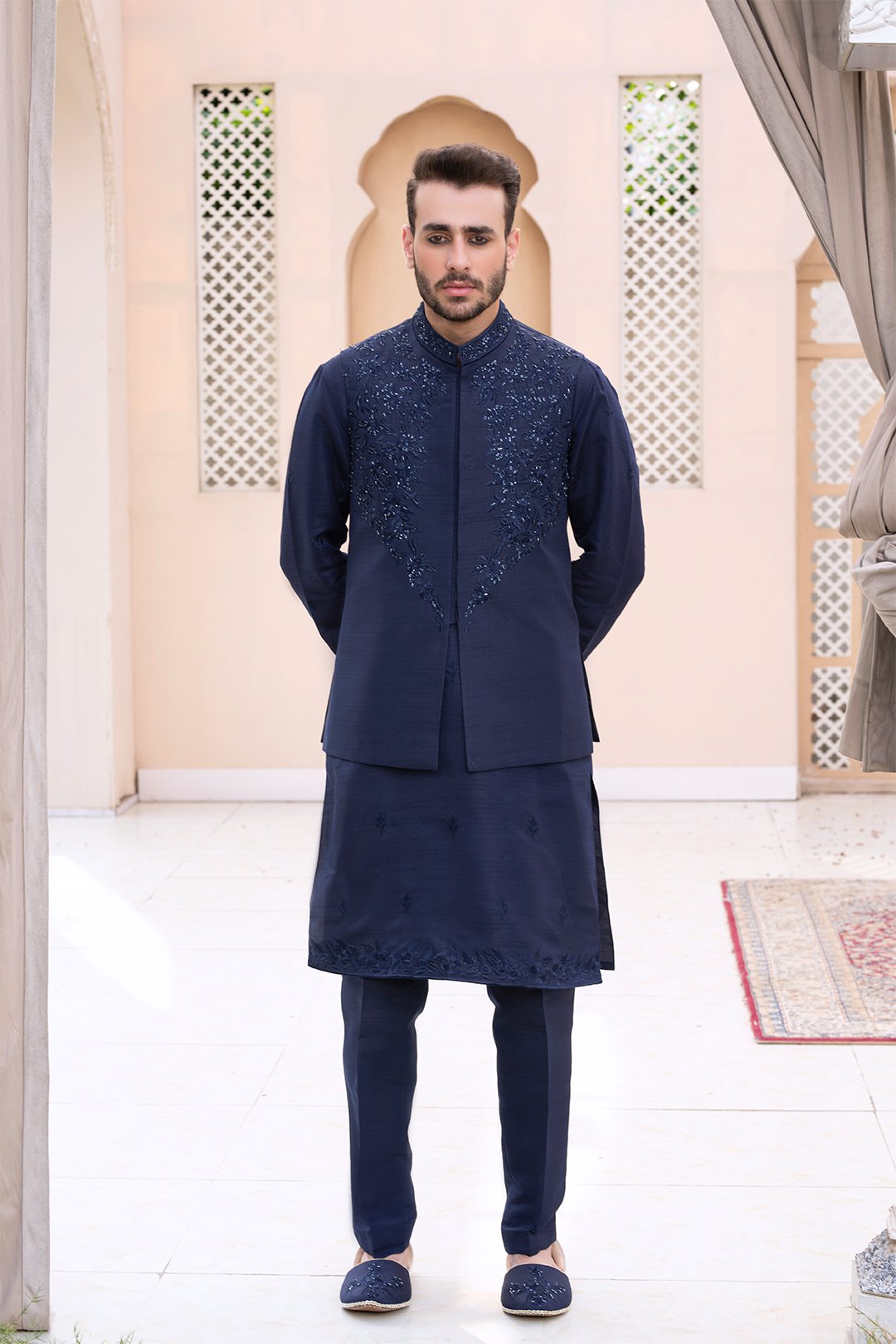 Navy Blue Embroidered Silk Waistcoat Kurta (3-Piece) - Image 2