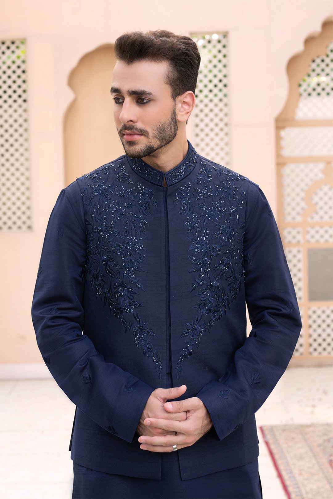Navy Blue Embroidered Silk Waistcoat Kurta (3-Piece) - Image 3