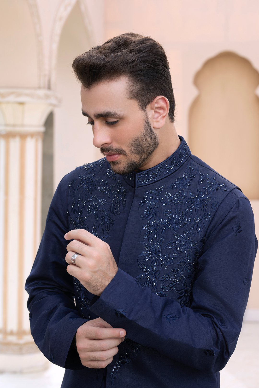 Navy Blue Thread & Ada Work Silk Waistcoat (3-Piece) - Image 4
