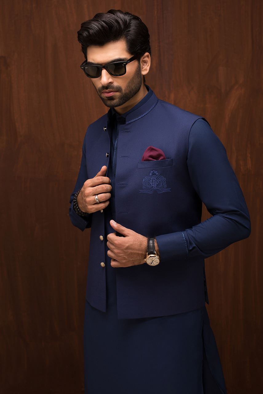 Navy Embroidered Suiting Waistcoat Kurta (2-Piece) - Image 1