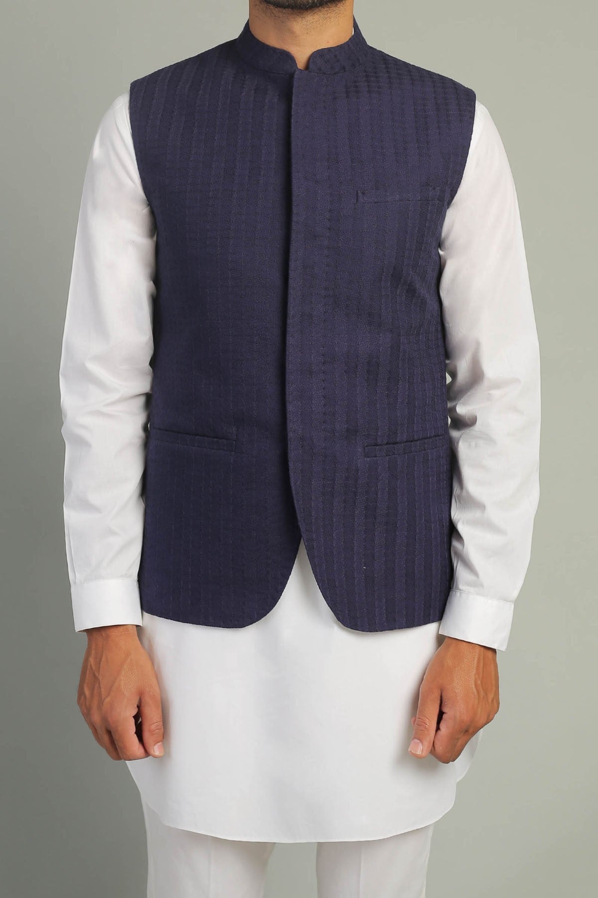 Navy Blue Embroidered Suiting Waistcoat Kurta (2-Piece) - Image 1