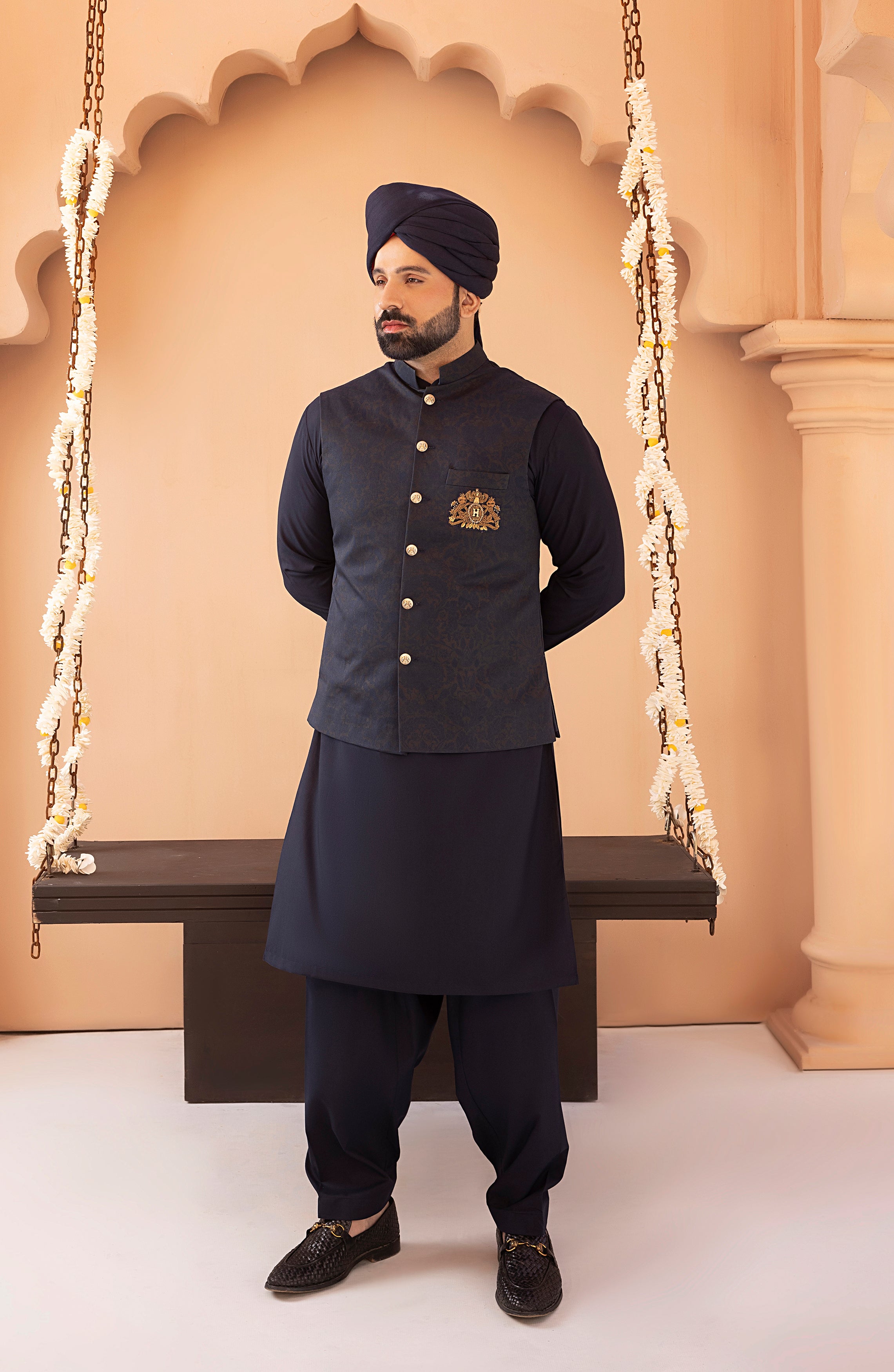 Navy Blue Embroidered Twill Waistcoat Kurta (3-Piece) - Image 1