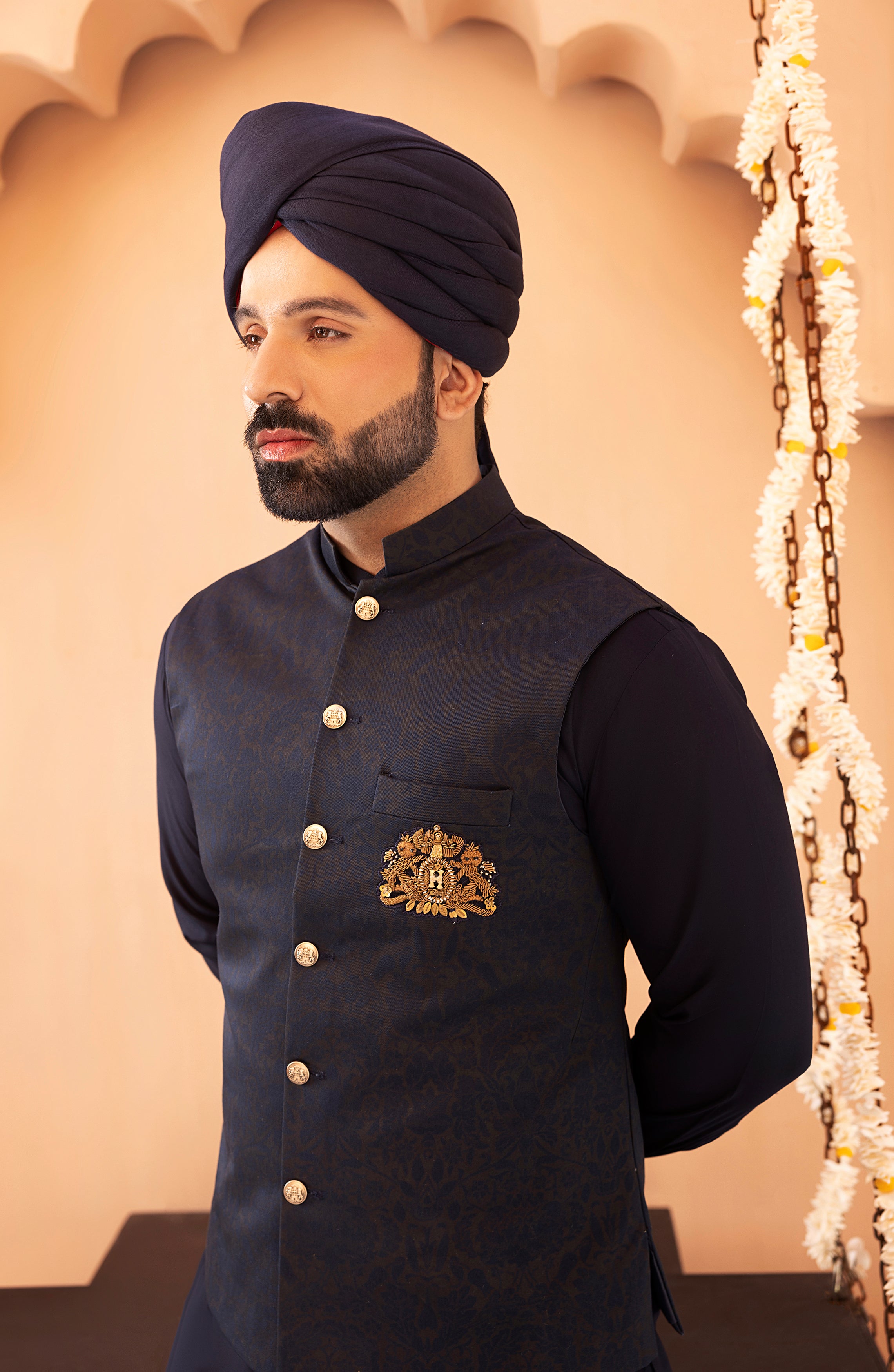 Navy Blue Embroidered Twill Waistcoat Kurta (3-Piece) - Image 2
