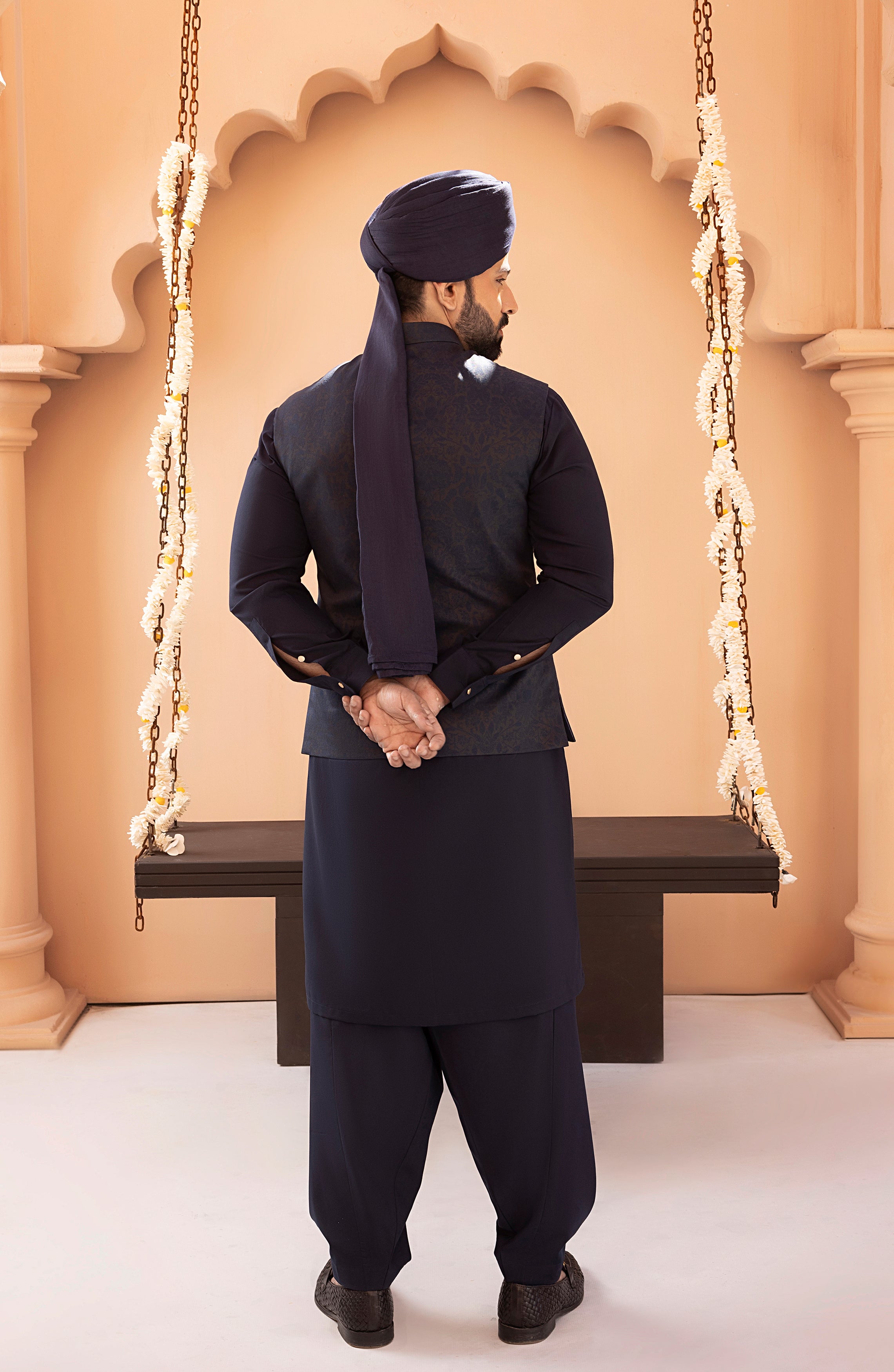 Navy Blue Embroidered Twill Waistcoat Kurta (3-Piece) - Image 3