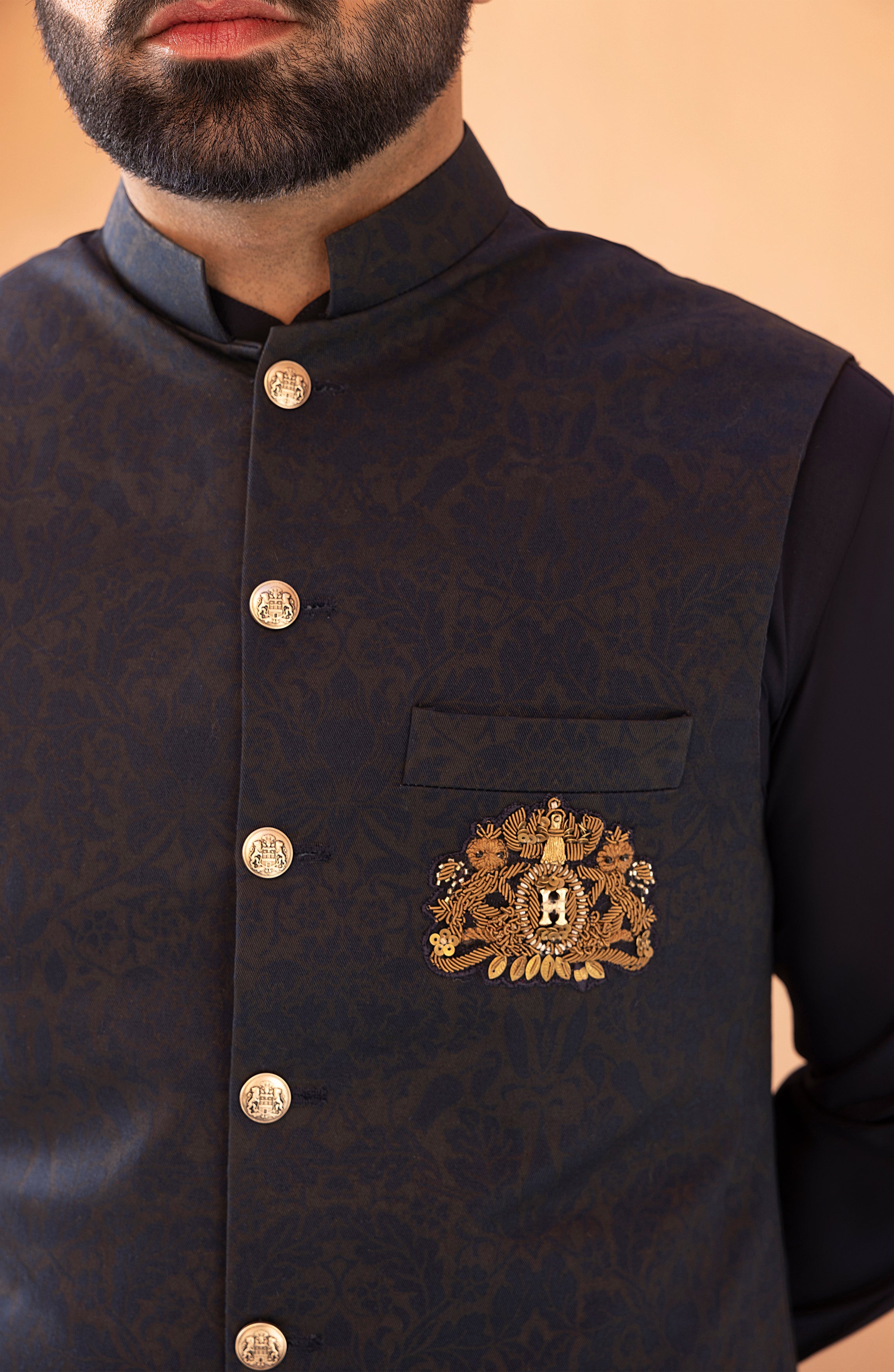 Navy Blue Embroidered Twill Waistcoat Kurta (3-Piece) - Image 4