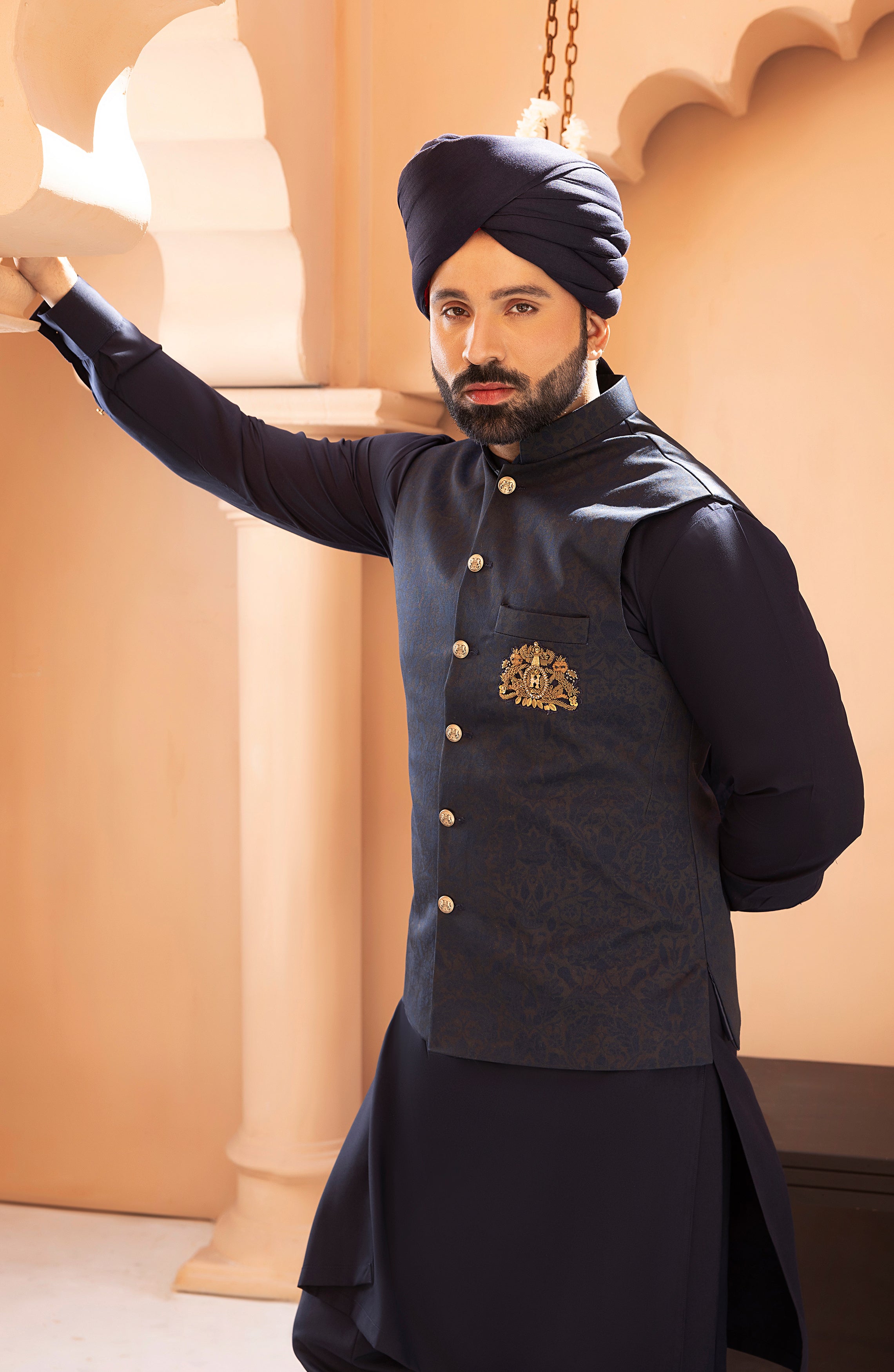 Navy Blue Embroidered Twill Waistcoat Kurta (3-Piece) - Image 5