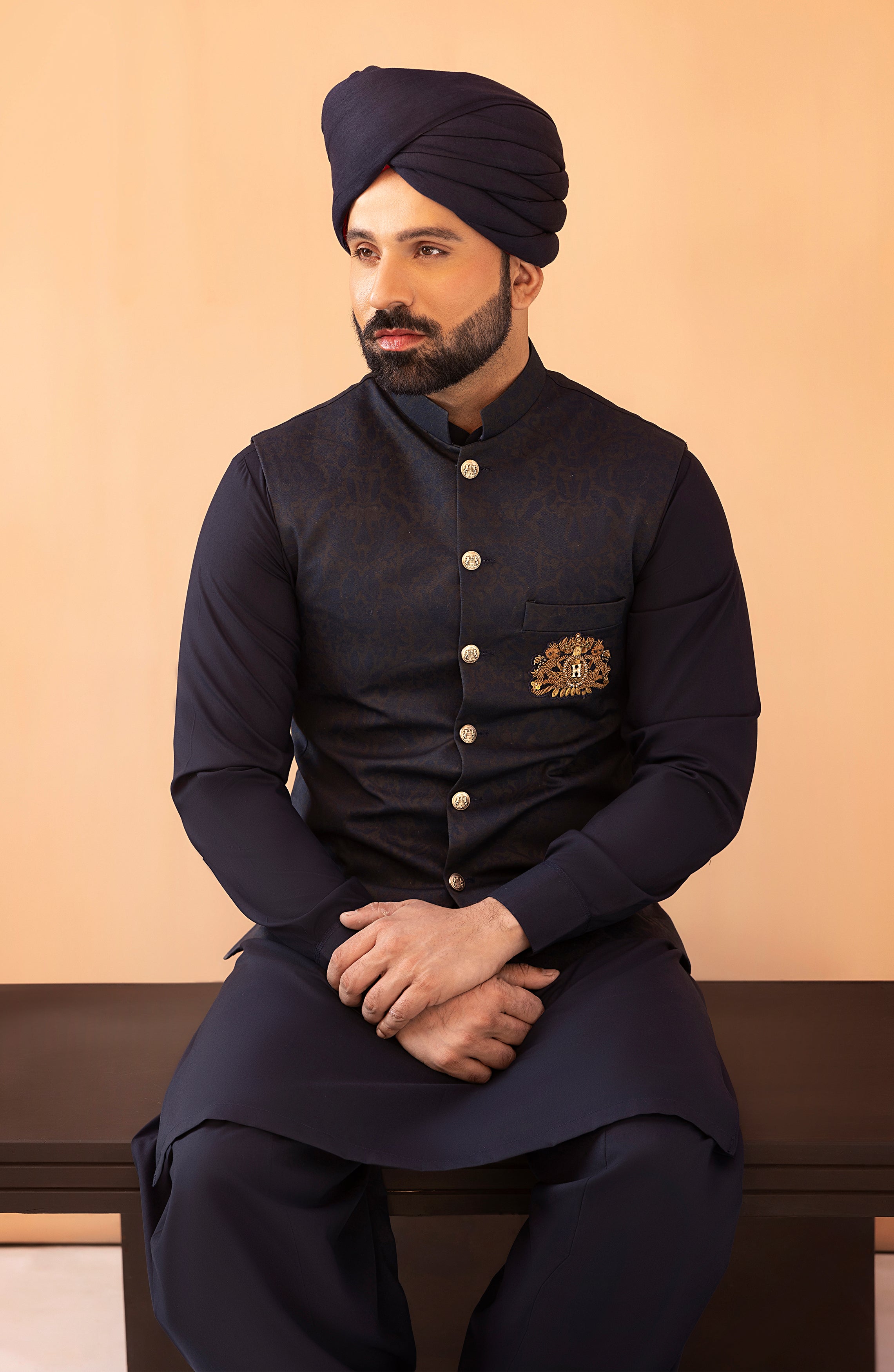 Navy Blue Embroidered Twill Waistcoat Kurta (3-Piece) - Image 7