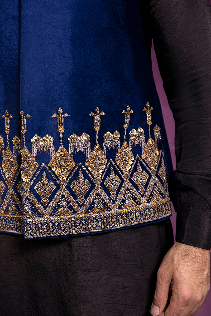 Navy Blue Gold Embroidered Velour Waistcoat (3-Piece) - Image 4