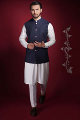 Navy Blue Embroidered Suiting Waistcoat Kurta Set (3-Piece) - Image 2