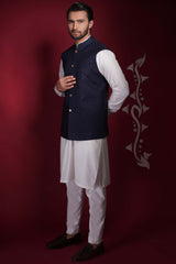 Navy Blue Embroidered Suiting Waistcoat Kurta Set (3-Piece) - Image 3