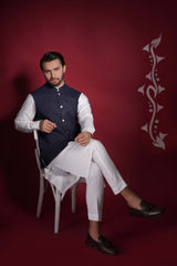 Navy Blue Embroidered Suiting Waistcoat Kurta Set (3-Piece) - Image 4