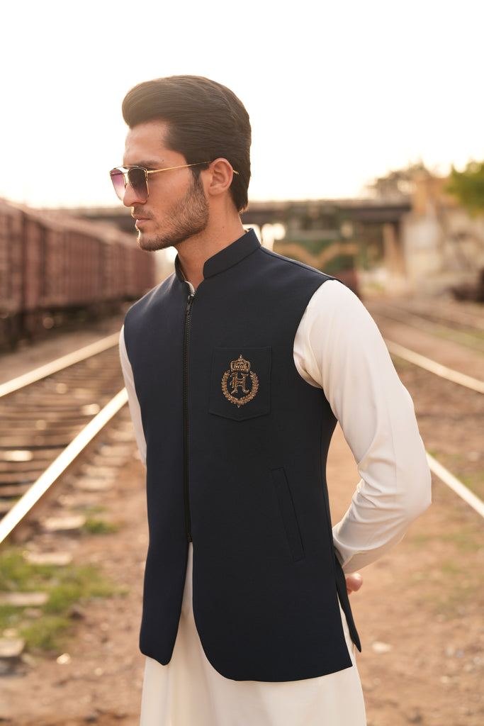Navy Blue Embroidered Wash n Wear Waistcoat Kurta (3-Piece) - Image 1