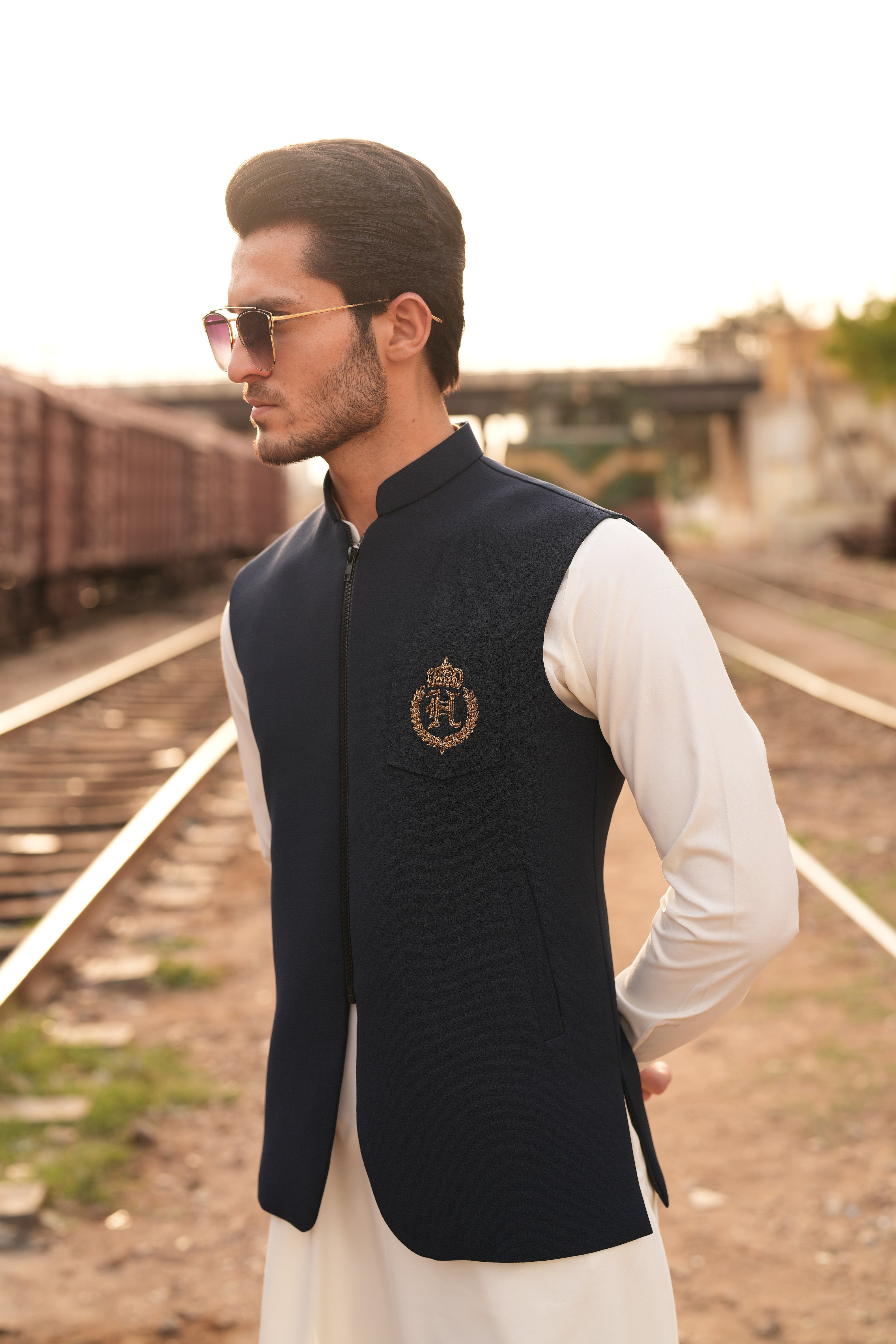 Navy Blue Embroidered Wash n Wear Waistcoat Kurta (3-Piece) - Image 2