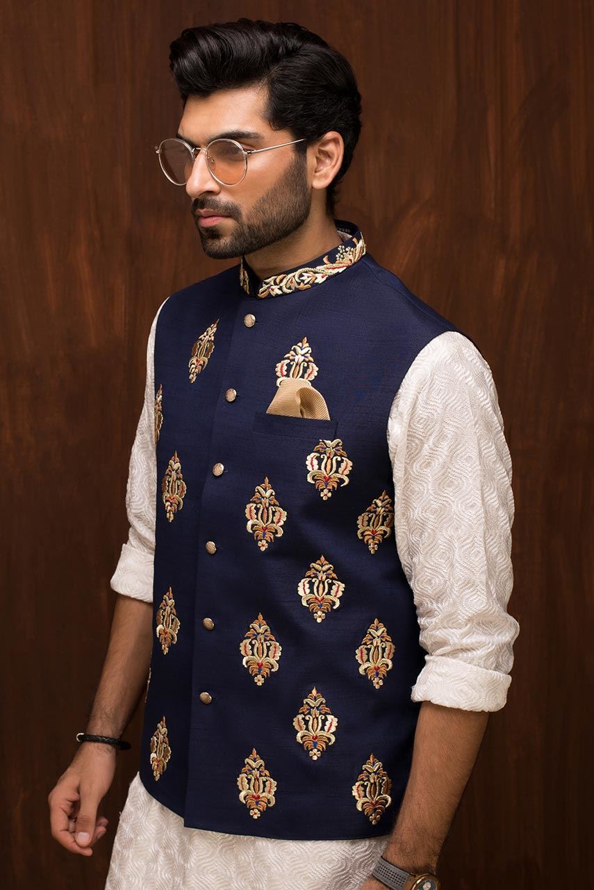Navy Blue Embroidered Raw Silk Waistcoat (1-Pc) - Image 1
