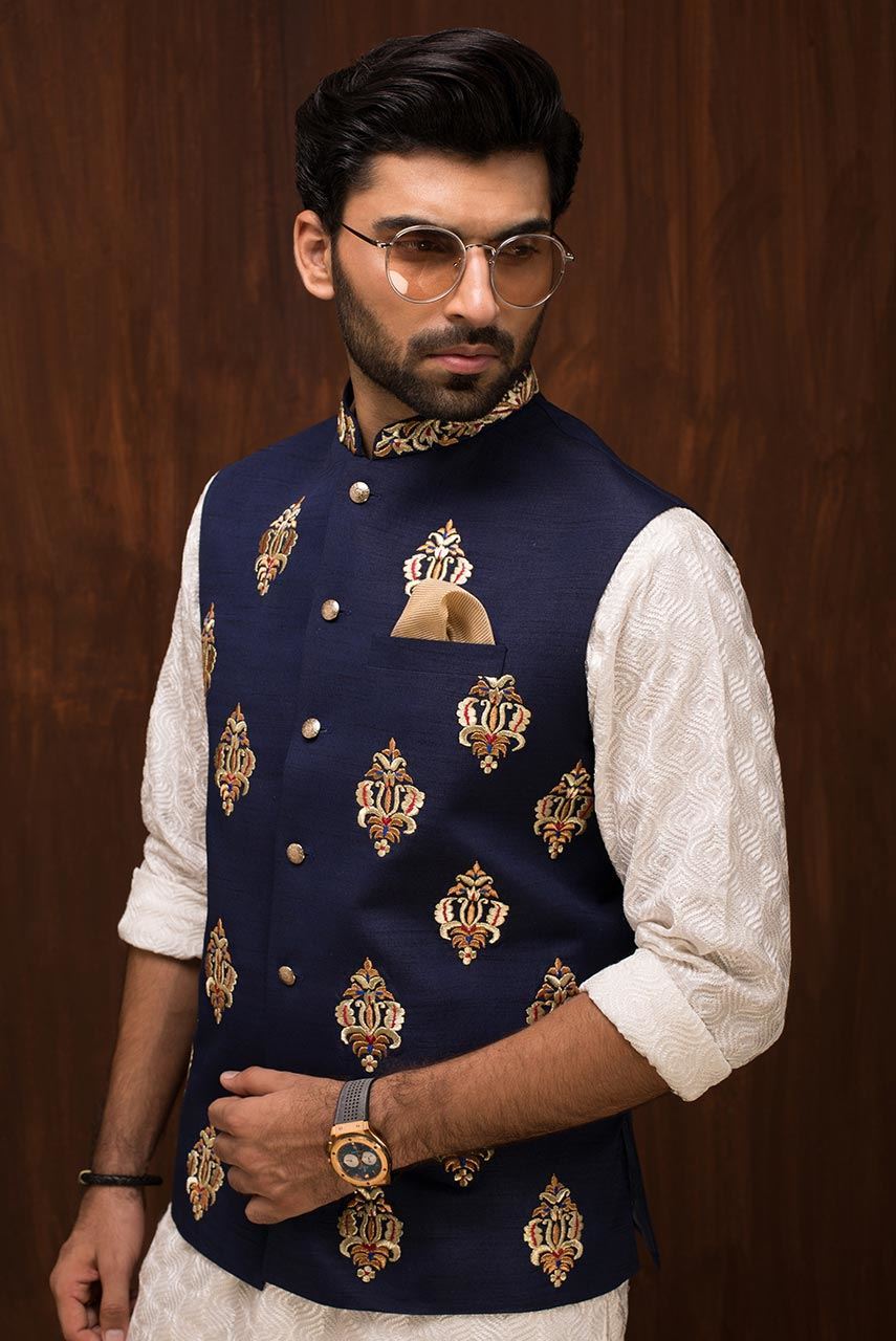 Navy Blue Embroidered Raw Silk Waistcoat (1-Pc) - Image 2