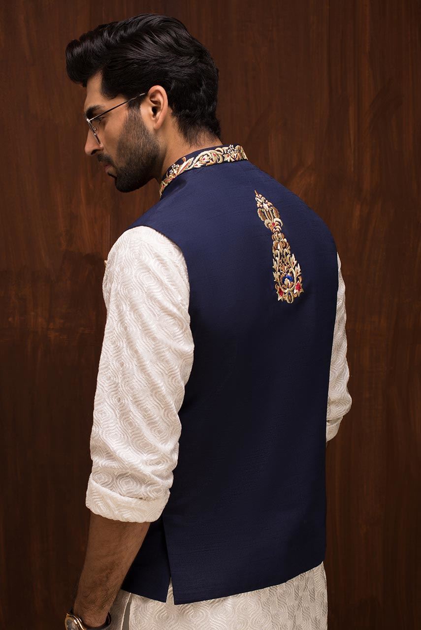 Navy Blue Embroidered Raw Silk Waistcoat (1-Pc) - Image 3
