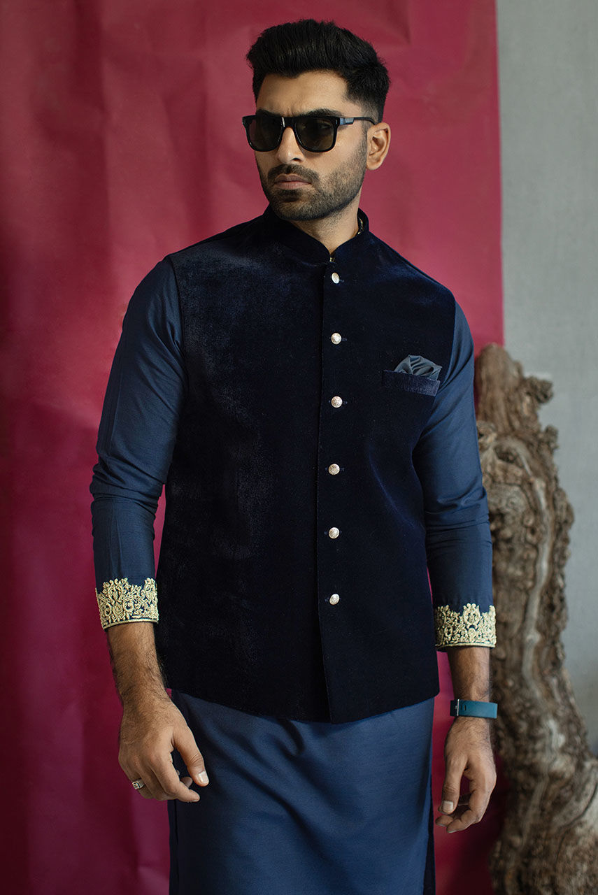 Navy Blue Velvet Waistcoat with Metal Buttons (1-Pc) - Image 2