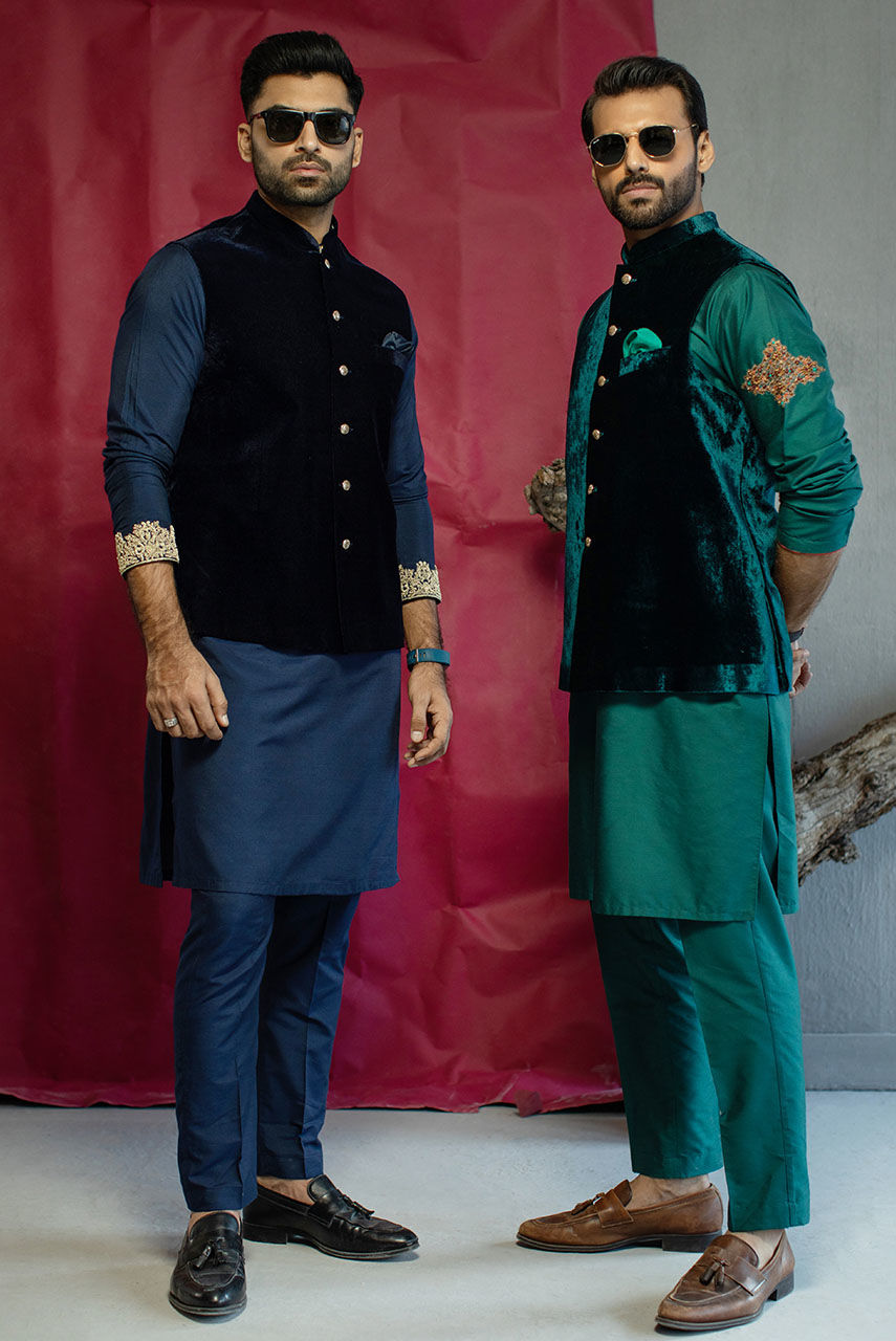 Navy Blue Velvet Waistcoat with Metal Buttons (1-Pc) - Image 3